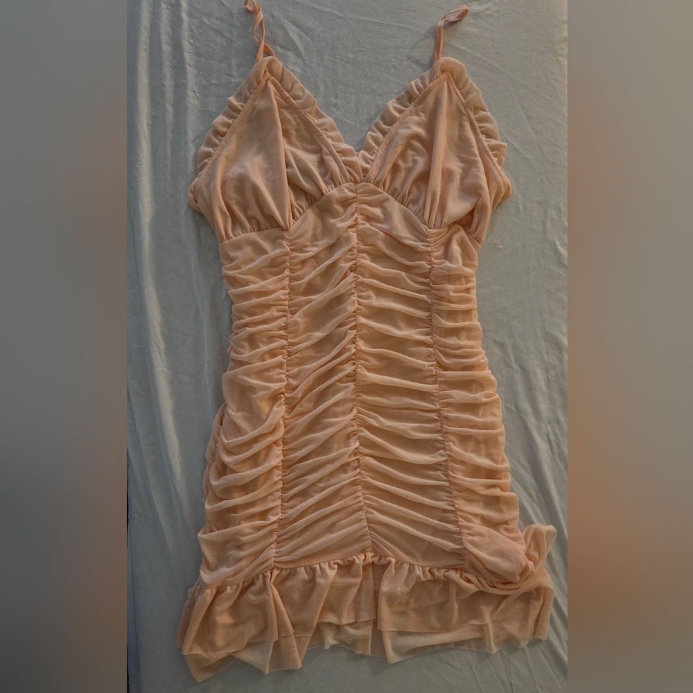 Chic Ruched Peach Mini Dress